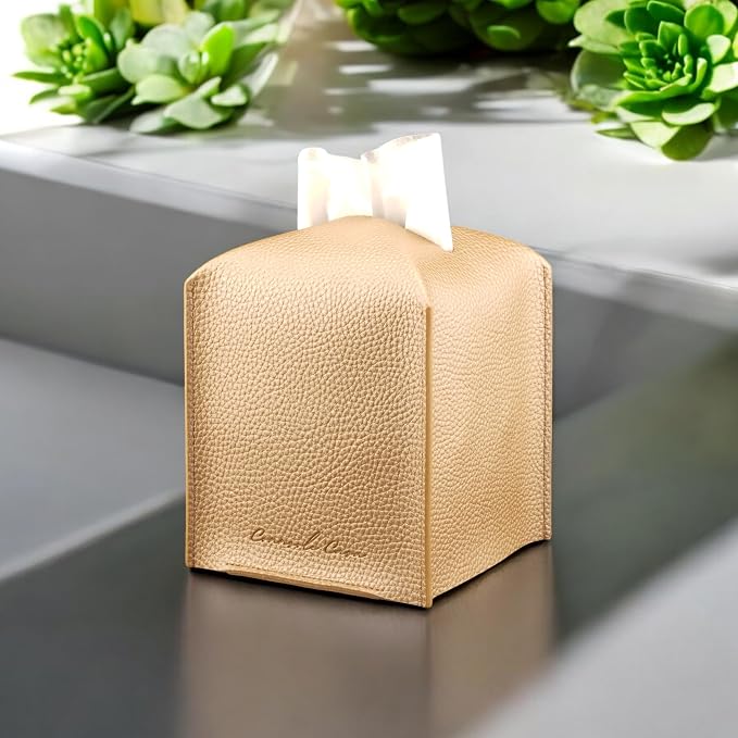 Premium PU Leather Tissue Box Holder - Elegant Hotel-Style Tissue Box Cover for Home, Office & Car DΓ©cor, Tissues Cube Organizer for a Natural & Classic Look (Gold)