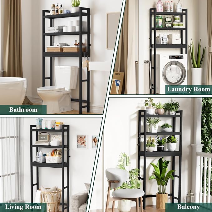 Smiry Bamboo Over The Toilet Storage Cabinet, 3 Tier, Black | Wooden Bathroom Organizers with Adjustable Shelf & 4 Hooks, Space Saving Shelf Rack for Bathrooms, Laundry Room, Balcony