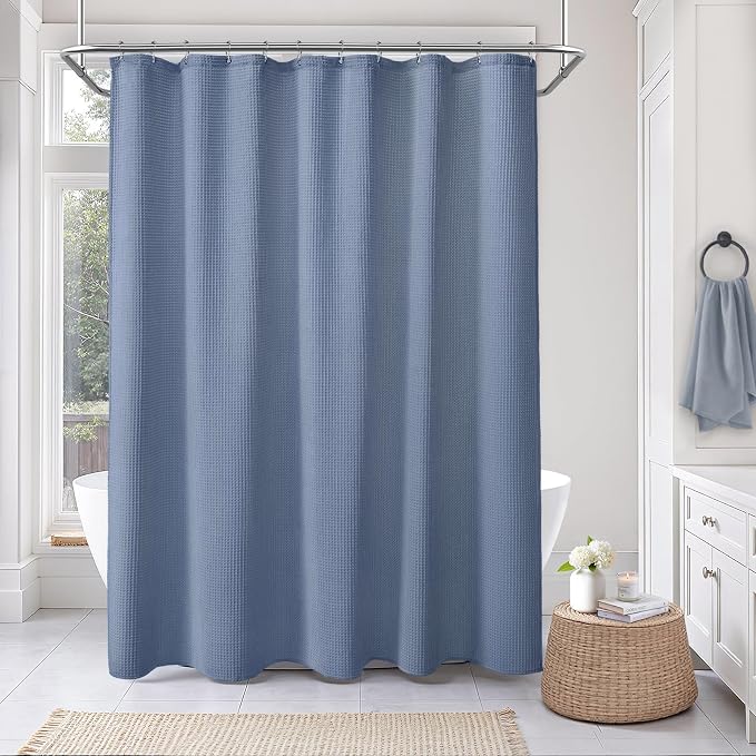 Long Waffle Shower Curtain Heavyweight Cotton Fabric Moonlight Blue 72Wx84L | Soft Cotton Cloth,3D Square Truely Waffle,Washable, Hotel Luxury Spa, Shower Curtains for Narrow Bathroom 12 Plastic Hooks