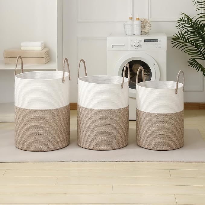 Laundry Basket Hamper Tall Rope Storage Woven for Blanket Toys Dirty Clothes in Living Room Bathroom Bedroom White & Brown 60L/15.8Gal