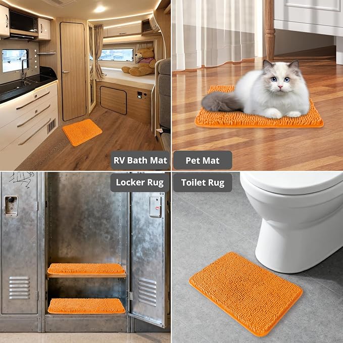 Small Bathroom Rug 12"x18" – Washable and Absorbent Bath Mat, Non Slip, Thick Soft Chenille Bath Rugs for Bathroom, Shower, Sink, Dog mat(Flame Orange)