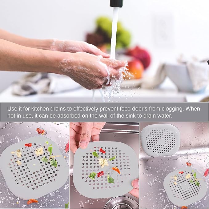 2 Pieces Shower Drain Hair Catcher Bathtub Stopper Home Drain Protectors Drain Cover with Sucker Water Trap Sink Cover for Bathroom Bathtub and Kitchen (Grey,Grey)