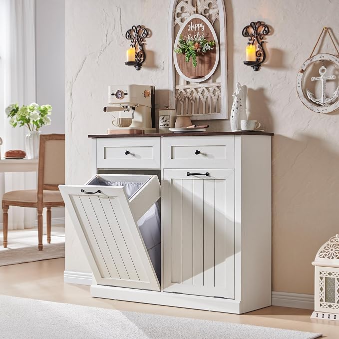 IFBUY Double Tilt Out Laundry Hamper Cabinet, Trash Cabinet, Antique White | 20 Gallon Farmhouse Trash Cabinet w/Drawers, Hidden Wood Garbage Can Cabinets w/Laundry Storage Basket for Bathroom, Kitchen