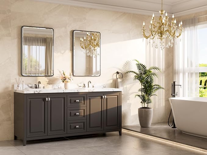 Black Bathroom Mirror for Over Sink 24 x 36 Beveled Edge Tempered Glass, Rounded Corner Rectangle Framed Mirror for Modern Bathroom, Living Room, Bedroom, Entryway