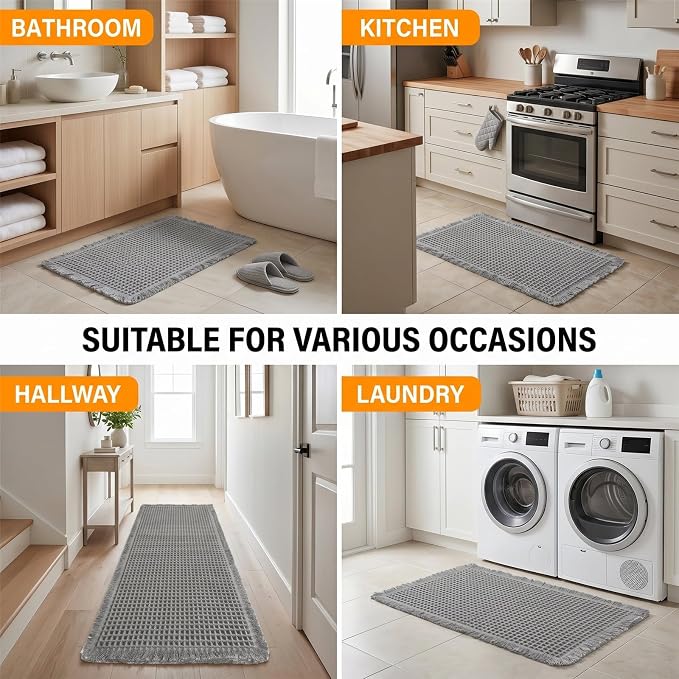 Waffle Bathroom Rugs, Large Non Slip Absorbent Waffle Knit Bath Mat for Shower Floor, Tub and Bathroom Door, Ultra Soft Quick Dry, Grey, 24"x36"