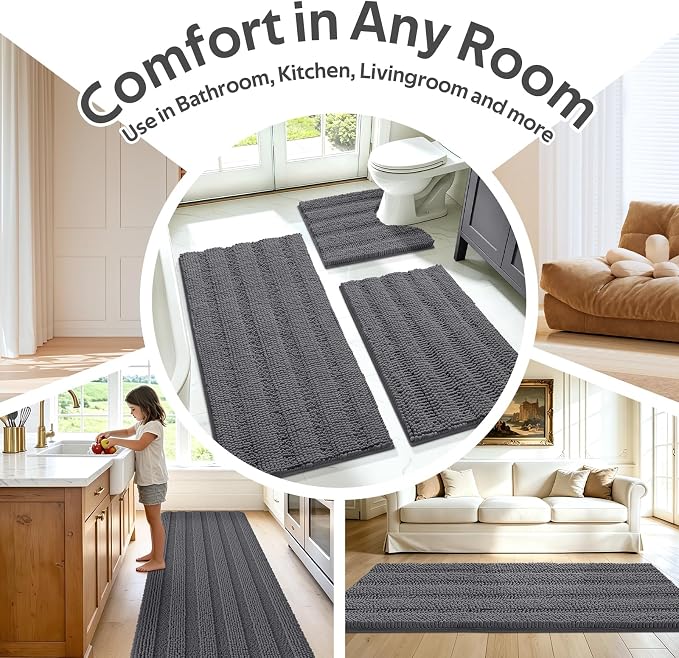 Striped Grey Toilet Bathroom Rug Mat Bath Mat Set 2 piece Ultra Soft, Non Slip Chenille Bath Rugs, Absorbent Plush Shaggy Bath Mats for Bathroom, Bedroom, Kitchen, Shower, Tub,Dark Gray, Charcoal