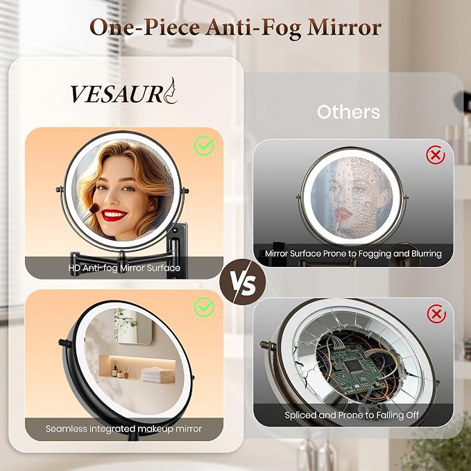 9" Large Wall Mounted Lighted Makeup Mirror, 5000mAh Rechargeable 1X/20X Magnifying Mirror with 3 Color Lights Touch Dimmable, Extended Arm 360° Swivel Bathroom Wall Mounted Makeup Mirror,Black Nickel