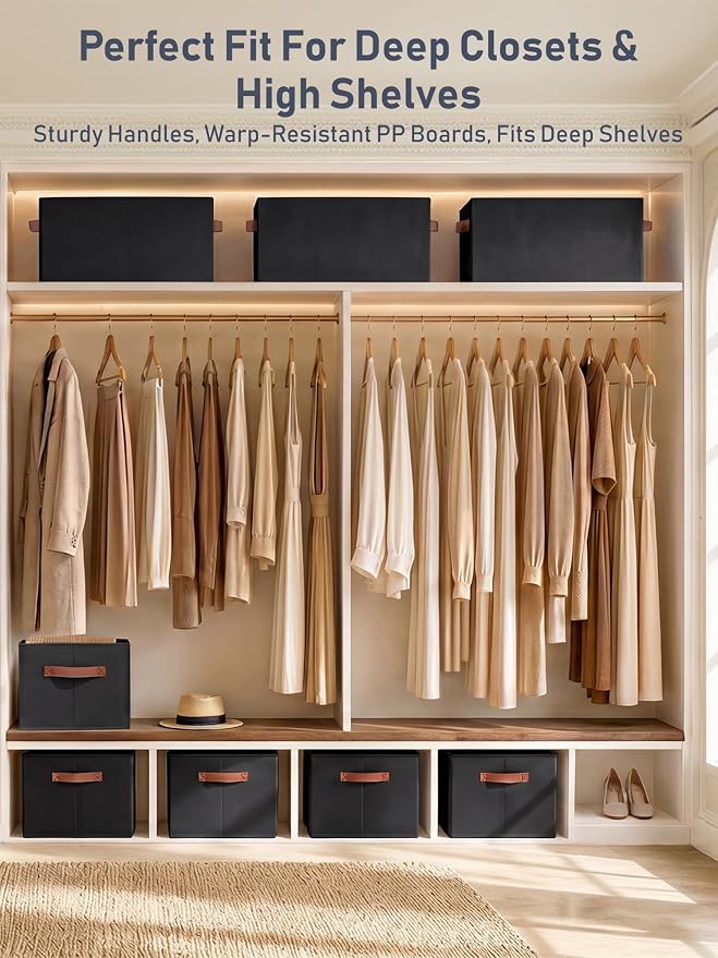 6 Pack Large Closet Storage Baskets Bins for Shelves, Collapsible Fabric Closet Organizers and Storage with Polyester Handles, Decorative Baskets for Organizing Clothes, Towels, Linen Closet 16x12x10"