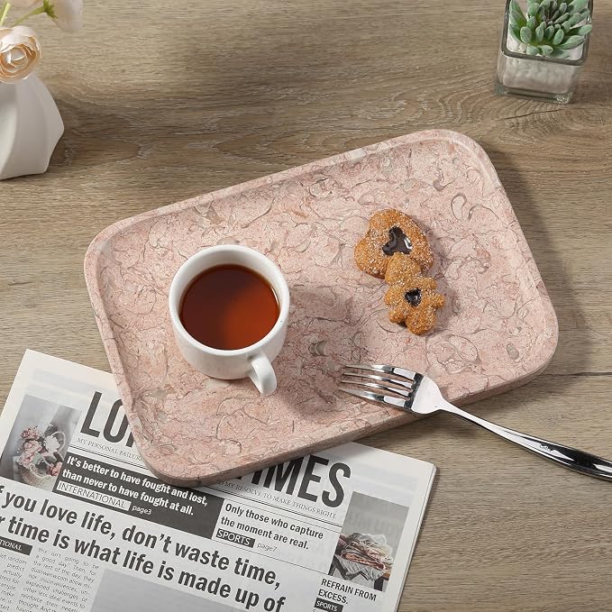 Marble Tray, 12"x8" Natural Marble Vanity Tray for Countertop Bathroom Kitchen Dresser, Decorative Catchall Trays for Perfume Jewelry, Rectangular Stone Serving Tray(Pink)