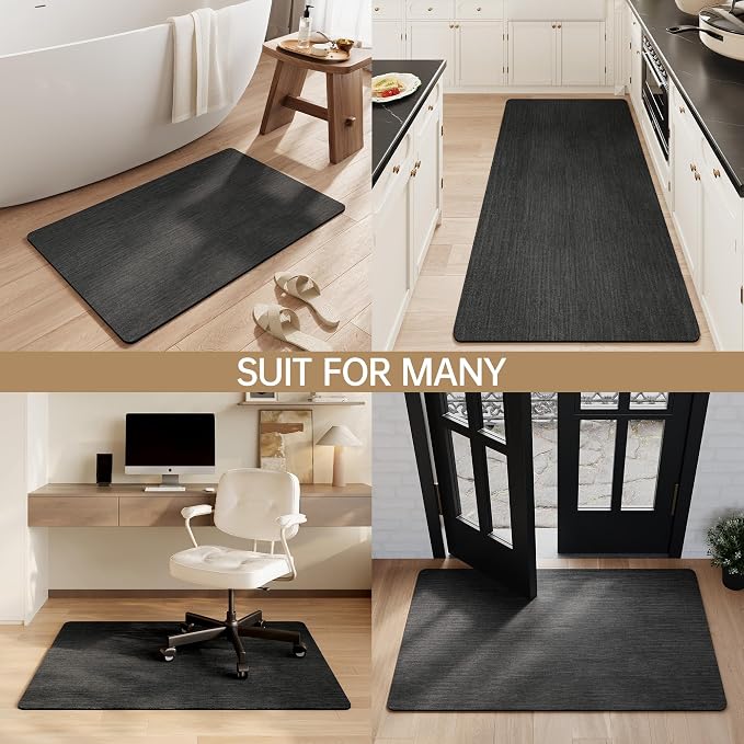Mecko Bath Mat, Ultra Absorbent Quick Dry Bathroom Floor Mats-Rubber Non-Slip Thin Bathroom Rug Fit Under Door, Faux Suede Surface Shower Rug for Bathtub, Sink, Shower Room(Black,16"x24")
