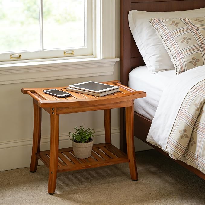Utoplike Teak Shower Bench Seat with Handles, Bath Chair Stool for Inside | Portable Wood Spa Chair With Towel, Storage Shelf, 22" x 13" x 18.6", for Outdoor Bathroom Use