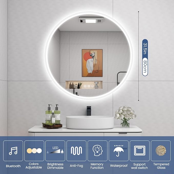 STARLEAD 32" LED-Bathroom-Mirror-with-Lights, Wall-Mounted with Bluetooth Speaker, Anti-Fog, 3 Color Temperature, Dimmable Brightness, IP65 Waterproof, Tempered Glass, Frontlit & Backlit, Round