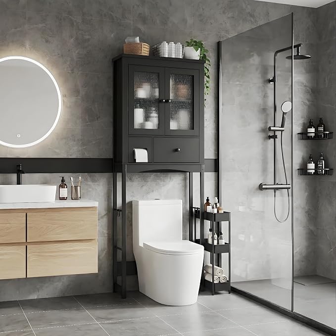 Garvee Over-The-Toilet Storage Rack, Vintage Bathroom Organizer | MDF Shelves & Steel Frame, Space-Saving Toilet Shelf for Small Bathrooms, Bathroom Cabinet for Towels & Toiletries, Black