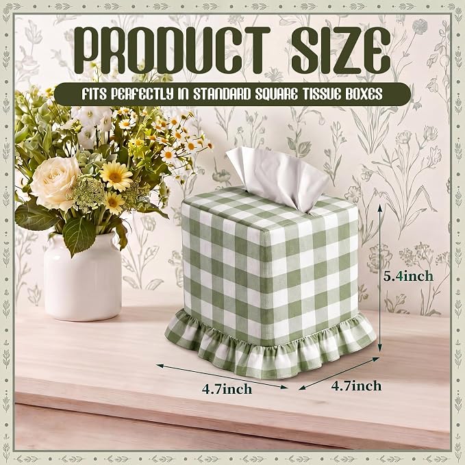 Green Gingham Tissue Box with Ruffled Cover Cottagecore Handmade Decorative Gingham Napkin Holder for Home Bedroom Living Room Bathroom Vanity Countertop Car Office Kitchen