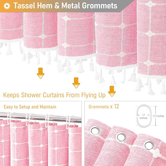 Long Boho Farmhouse Linen Heavy Duty Cloth Shower Curtain, 72x84, Pink | Tall Size, 330GSM Linen Blend, 3-side Tassels, Water Repellent Fabric, 12 Plastic Hooks, Rustic Bohemian, Machine Washable