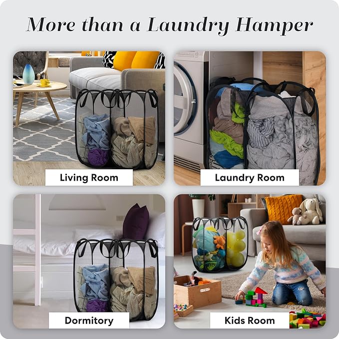Handy Laundry Double Pop Up Hamper, 2 Section Mesh Basket, Black | Collapsible Laundry Basket, 44 Gal Foldable Divided Sorter, Reinforced Handles, Dual Compartment for Dorm, Travel, Apartment