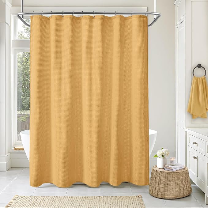 Waffle Weave Shower Curtain Heavyweight Cotton Fabric Gold 72Wx72L | Soft Cotton Cloth,3D Square Truely Waffle Washable, Hotel Luxury Spa, Shower Curtain Set for Bathroom 12 Plastic Hooks