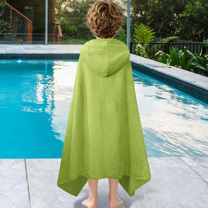 VOOVA & MOVAS Kids Hooded Towel, 6-10 Years, 100% Cotton,Green Waffle | Vertical Waffle Textured Surface, Ultra Plush, Great for Beach, Pool and Bath Time