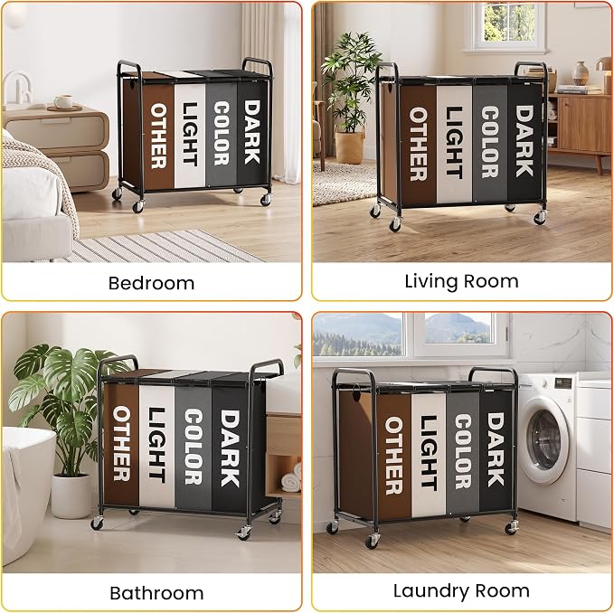 Laundry Sorter 4 Sections 48 Gal, Rolling Laundry Basket with Wheels & Lid | Laundry Hamper, 4 Separated Removable Bags, Lockable Wheels, Dirty Clothes Hamper for Laundry Room Organizer, Multicolor