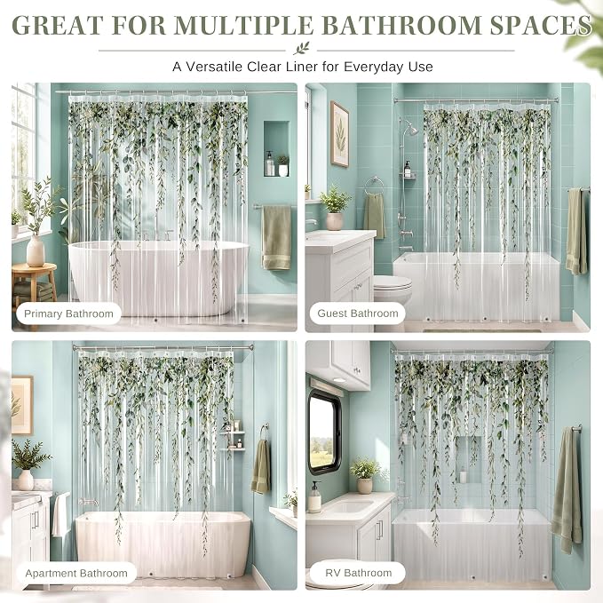 Clear Shower Curtain Liner, Botanical Plant Leaf PEVA, 72x72 Inch | Sage Green Waterproof Bath Plastic Shower Curtains Set with 3 Weighted Magnets and 12 Hooks for Bathroom Decor