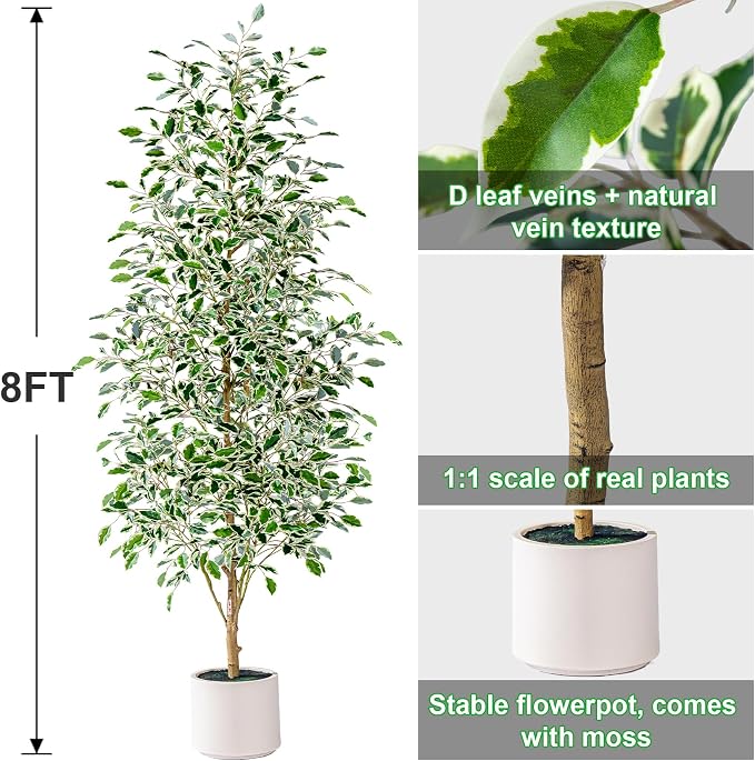 Bailikang 8FT Artificial Ficus Trees Indoor Faux Trees Indoor Fake Floor Plants Tall Artificial Tree with White Pot Faux Tree Fake Indoor Tree Silk Plants Artificial Trees for Home Decor Indoor