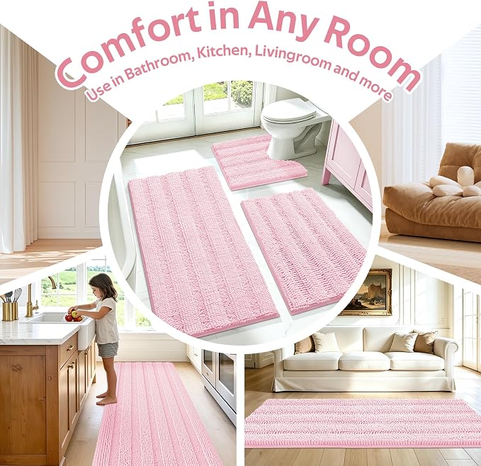 Christmas Striped Pink Bathroom Rug Mat Set 2 piece 32"x20"+24"x17" Ultra Soft, Non Slip Chenille Bath Rugs, Absorbent Plush Shaggy Bath Mats for Bathroom, Bedroom, Kitchen, Shower, Tub