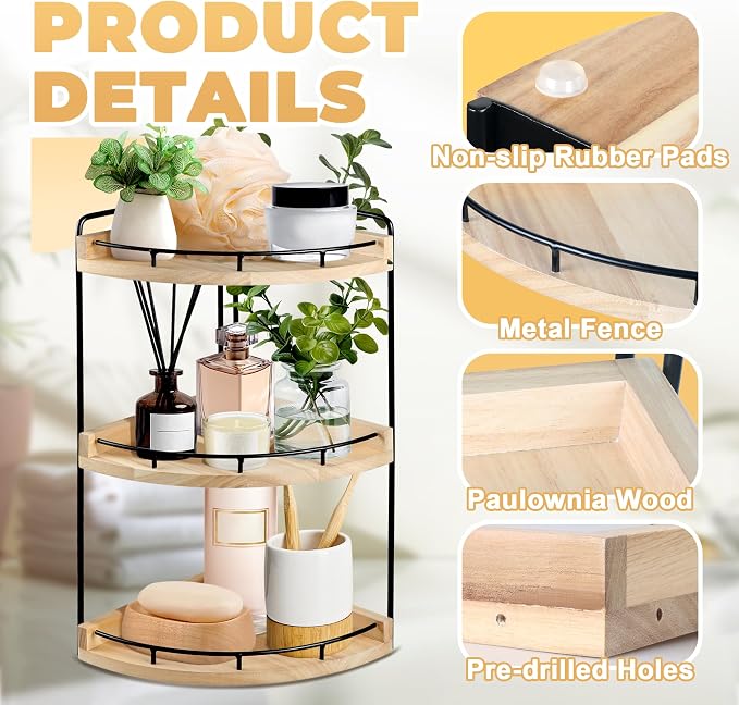 3 Tier Bathroom Counter Organizer, Bathroom Counter Tray and Vanity Organizer, Wood Corner Countertop for Kitchen, Dresser (Rustic Wood)