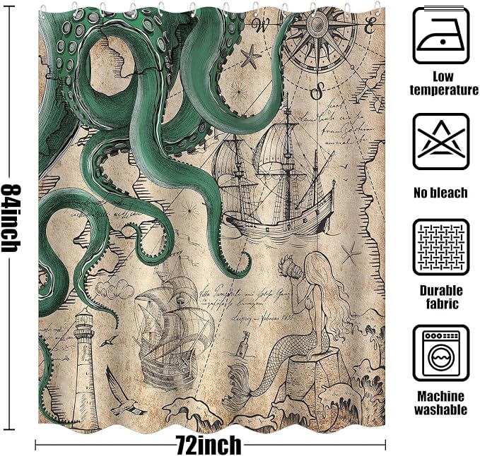 Fungarth 84 Inch Extra Long Vintage Green Nautical Octopus Shower Curtain Mermaid Funny Ocean Kraken Shower Curtains for Bathroom Cool Coastal Map Waterproof Fabric Bath Curtain (Retro2, 72” x 84”)