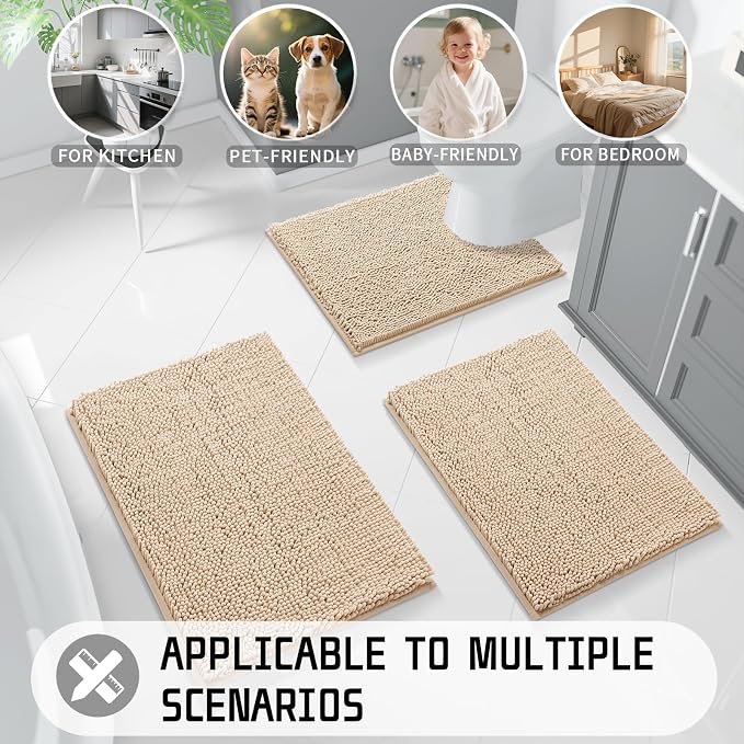 Yimobra Long Bathroom Rugs 47"x24", Extra Soft Non Slip Bath Mat for Tub, Super Absorbent Quick Dry Shaggy Rug Floor Carpet, Machine Washable,Beige