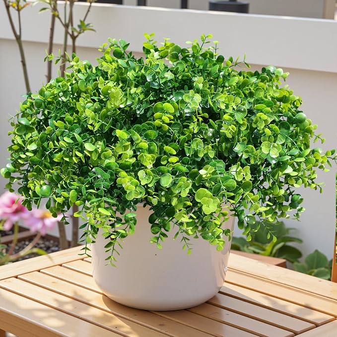 Artificial Plants for Outdoors Outside Spring Summer Decoration, 12 Bundles Faux Eucalyptus Leaves Stems Bulk Fake Greenery Branches Look Real UV Resistant for Home Porch Patio Planter Yard