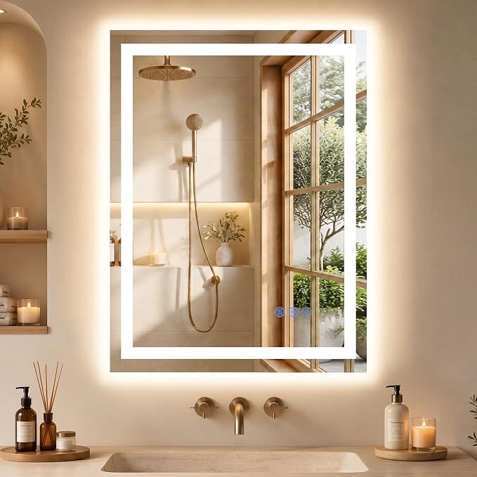 LED Bathroom Mirror with Lights 24"x32", Wall-Mounted Vanity Mirrors Front & Backlit Light Control Stepless Dimmable Anti-Fog Memory 3 Color Temperatures Shatter-Proof Tempered Glass