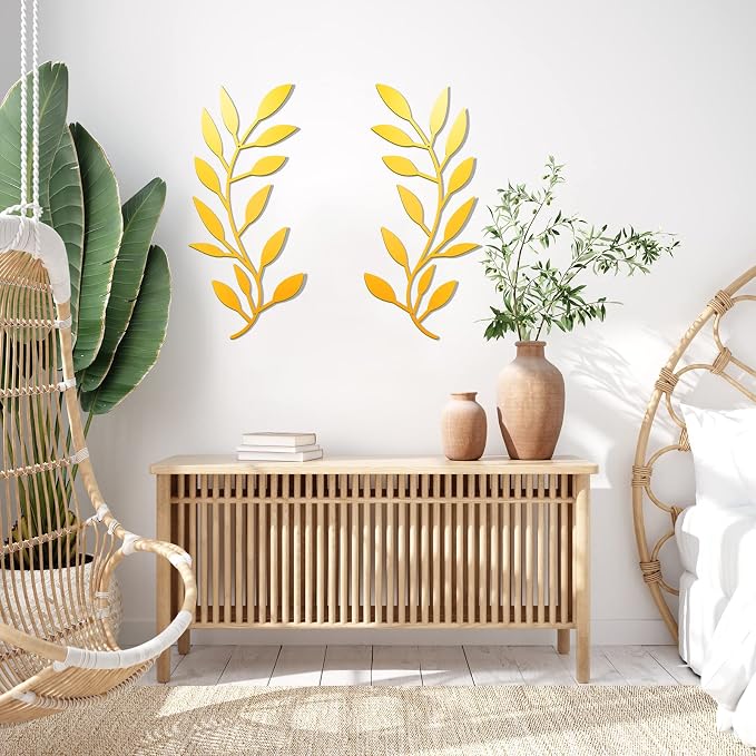 Zhengmy 2 Pcs Metal Leaf Wall Art Vine Branch Decor,Gold