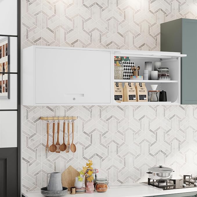 Fesbos Metal Storage Cabinet White Wall Cabinets with Shelf and Locking Door - Wall Mounted Storage Cabinet for Garage Warehouse Home Office - Assembly Required