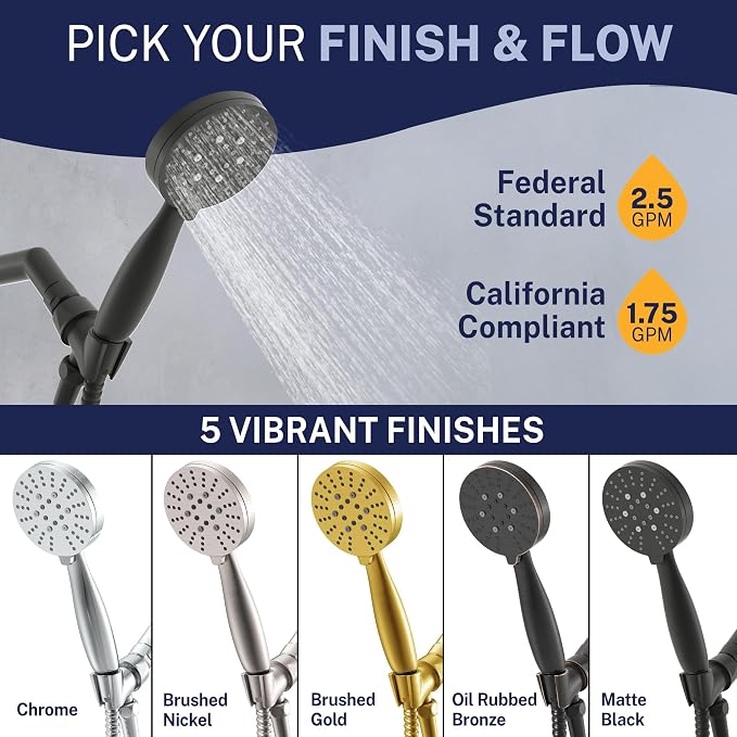 HammerHead Showers® Solid Metal 3-Spray Handheld Shower Head with Long Hose and Holder - MATTE BLACK - 2.5 GPM High Pressure Shower Head with Handheld Sprayer - WIDE, MASSAGE, and MIST Sprays