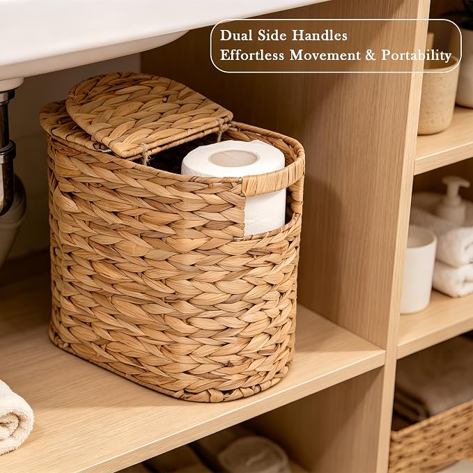 Wicker Toilet Paper Storage Basket with Lid for 4 Rolls,Natural | Wicker Storage Basket with Built-in Handles,Natural Water Hyacinth Hand-Woven Basket for Bathroom Organizers and Storage
