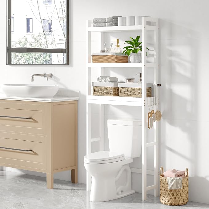 Smiry Bamboo Over The Toilet Storage Cabinet, 3 Tier, White | Wooden Bathroom Organizers with Adjustable Shelf & 4 Hooks, Space Saving Shelf Rack for Bathrooms, Laundry Room, Balcony
