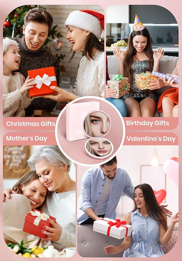 Compact Mirror with Light, Rechargeable 40X Magnifying Mirror with 3 Lighting Modes & Dimmable Brightness, Portable Travel Makeup Mirror; Essentials for Travel, Pocket, Purse Gifts Pink