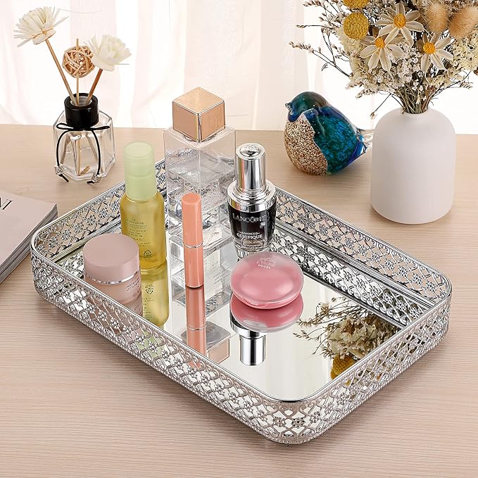 ELLDOO Silver Mirror Glass Perfume & Makeup Vanity Tray, Medium Size | Hollow-Carved Jewelry Storage, Metal Trinket Organizer for Dresser Bathroom Countertop Home Decor
