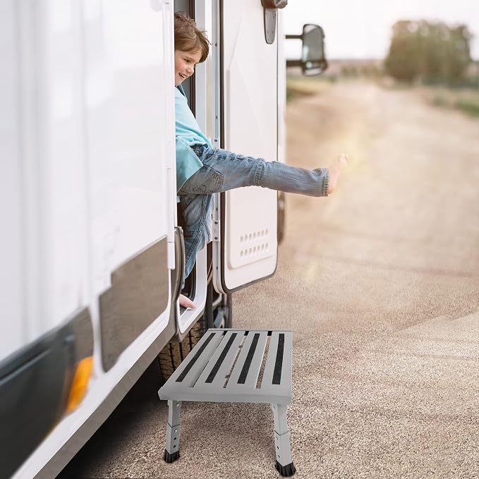 Adjustable RV Step Stool, Wide Platform, Foldable Legs, Silver | 3 Height Settings, 1,000-lb Capacity, Aluminum Frame, Non-Slip Rubber Feet, Portable Step for Camper Stairs and Trailers