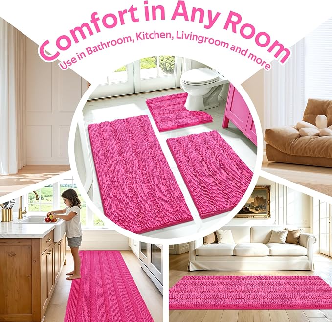 Christmas Striped Hot Pink Bathroom Rug Set 3 Pieces Ultra Soft, Non Slip Chenille Toilet Mat, Absorbent Plush Shaggy Bath Mats for Bathroom, Bedroom, Kitchen, Peach
