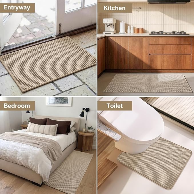 Triohero Bathroom Rugs Non Slip Washable, Super Absorbent Thin Bath Mat Quick Dry Low Pile Bathroom Rug, Beige 24x47