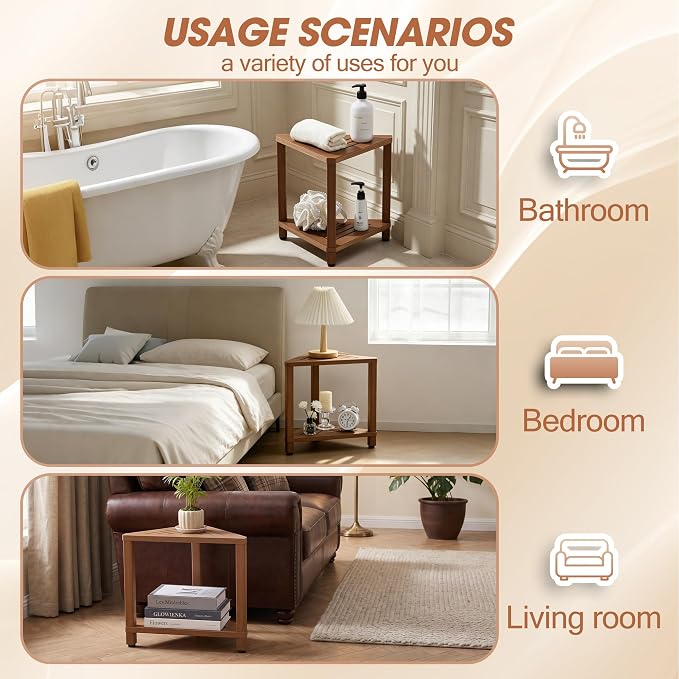 Corner Shower Stool with Storage Shelf, HDPS Waterproof Shower Foot Rest for Shaving Legs, 2-Tier Triangle Bathroom Stool for Inside Shower, Non-Slip Small Shower Bench, Teak Color