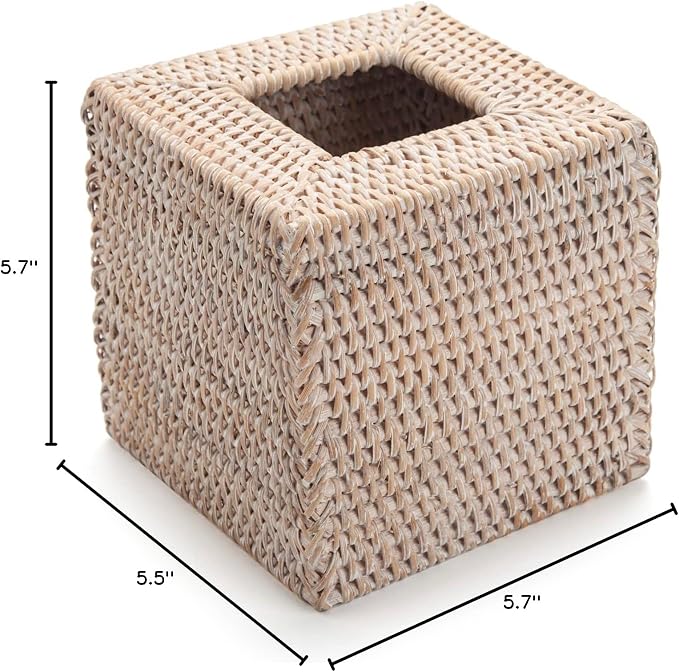 Rattan Tissue Box Cover Square, Wicker Tissue Box Holder, Decorative Woven Facial Tissue Holder for Bathroom, Kitchen, Living Room, Bedroom (Whitewash)