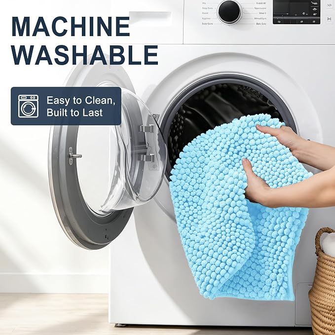Smiry Thick Chenille Bathroom Rugs 30x20, Soft Absorbent Bath Mat, Sky Blue | Quick‑Dry & Machine Washable, Non‑Slip Bath Carpet, Striped Bath Rugs for Tub & Shower, Modern Home Decor Accessories