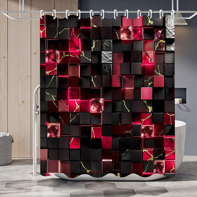 LQCOOL 4Pcs Black and Red Shower Curtain Set 3D Cubes Bathroom Sets Modern Shower Curtain Set for Bathroom Sets with Rugs and 12 Hooks | Waterproof Polyester & Soft Flannel. 12 Hooks, Toilet Lid Cover & U-Shaped Mat with Black Red Gold for Modern Decor.