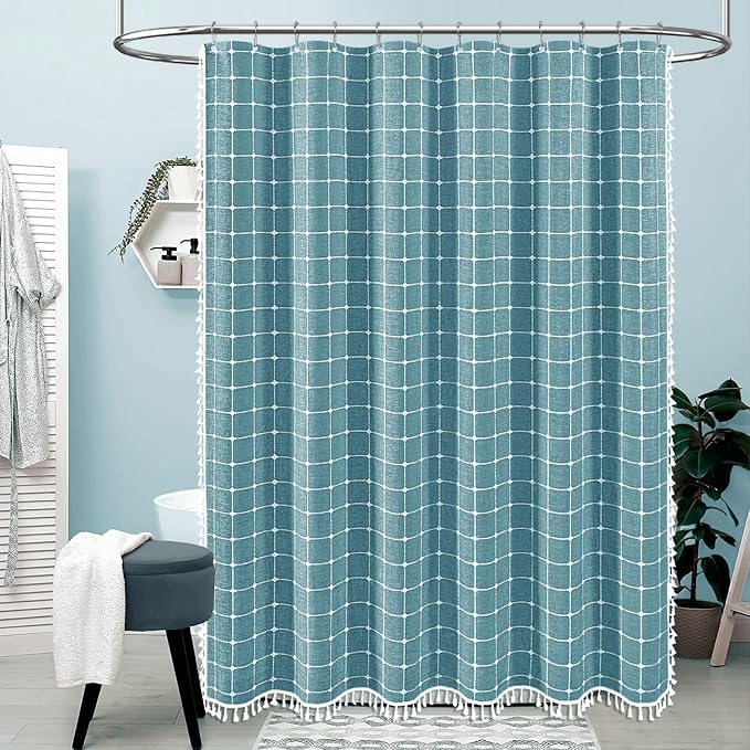 72x78 Boho Farmhouse Linen Fabric Shower Curtain Set, Turquoise/Teal | Long Size, 330GSM Linen Blend, 3-side Tassels, Water Repellent Cloth, 12 Plastic Hooks, Rustic Bohemian, Machine Washable
