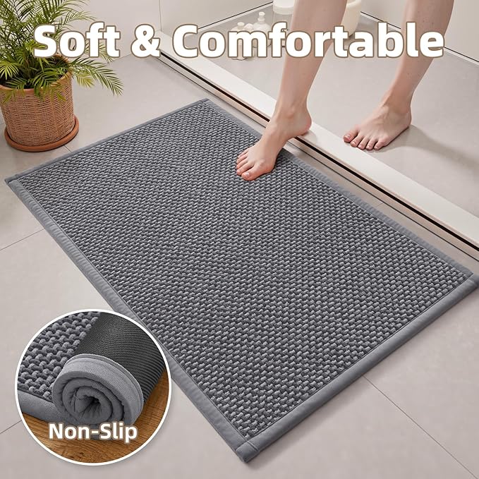 PADOOR-Bath Mat-Super Absorbent Chenille Bathroom Mats-Rubber Backed Bath Mats for Bathroom Non Slip, Easy Clean Bathroom Rugs Front of Bathtub,Shower Room,Sink-24×36, Grey&Darkgrey