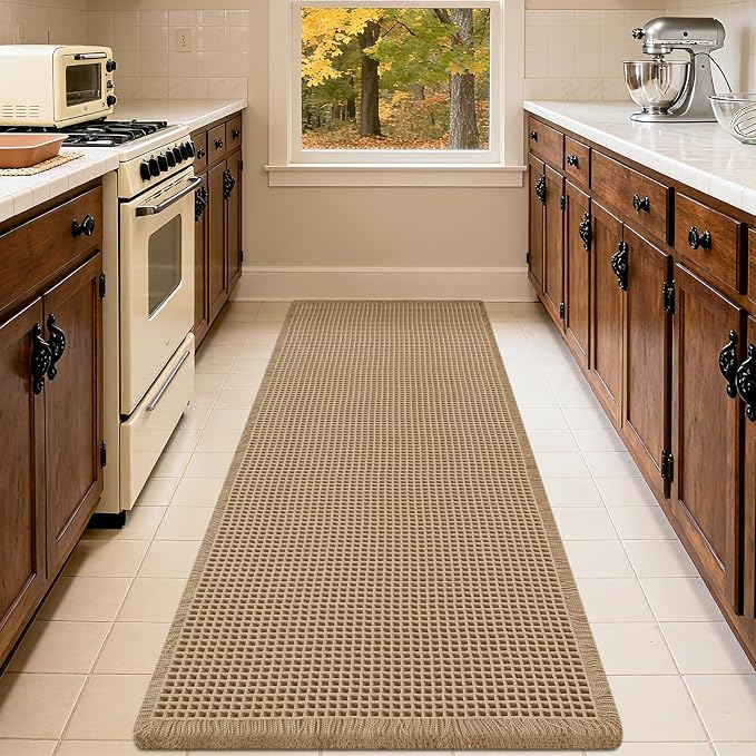 Extra Large Waffle Bath Mat Grey 6'x2'(72" x 24"), Boho Woven Modern Bath Mat Rugs, Absorbent Non Slip Bathroom Rugs, Soft Washable Bath Rugs with Tassels for Bathroom, Bedroom, Kitchen, Shower, Tub