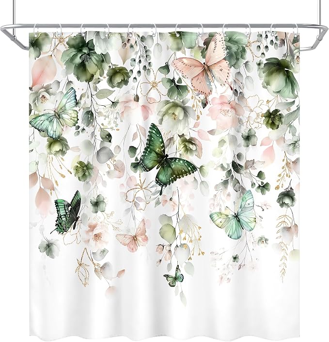 Green Pink Floral Butterfly Spring Summer Bathroom Shower Curtain Set | 72"W x 72"L Plant Natural look, waterproof HD printed shower curtain, quick-dry fabric and free hooks.
