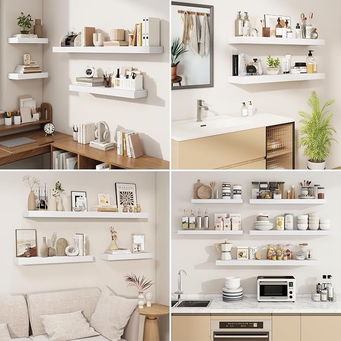 fuqing Floating Shelves for Wall, Wall Mounted Wood Floating Shelf with Invisible Brackets for Living Room, Bathroom, Bedroom, Kitchen Storage and Decor, 16 Inch Set of 2, White
